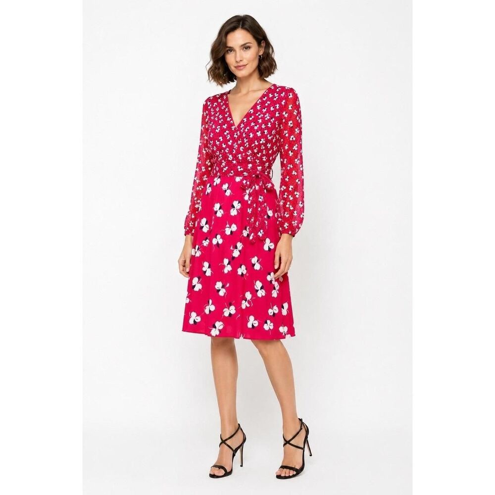 Boden Eden Red Floral Print  Midi Dress Long Sleeve V-Neck Size 10